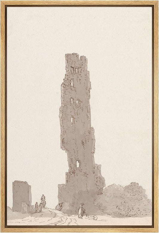 SIGNFORD Framed Canvas Print Wall Art Set Sepia Ruin Tower Sketch Historic Architectural Drawing Illustrations Modern Art Country Landscape for Living Room, Bedroom, Office - 16"x24" Natural