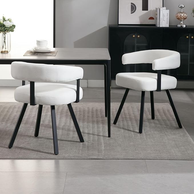 LukeAlon Chenille Dining Chairs Set of 6, Simple Upholstered Side Chair with Padded Open Barrel Back Modern Guest Chair Home Office Desk Chair with Black Metal Legs for Kitchen Dining Room, White
