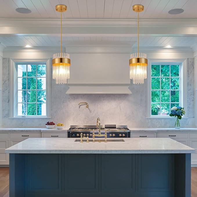 Gold Pendant Lights Kitchen Island,1-Light Crystal Pendant Light Fixtures Over Island,Modern Brass Mini chandelier For Dining Room, Adjustable Cord Hanging Lights For Bedroom,Bar,Sink,Entryway