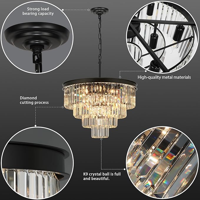 Crystal Chandeliers for Dining Room Lights Fixture Over Table, 15 Lights Black Modern Chandeliers for Living Room, 4-Tier Round Crystal Lighting Fixtures for Bedroom Entryway Kitchen Island D24 Inch