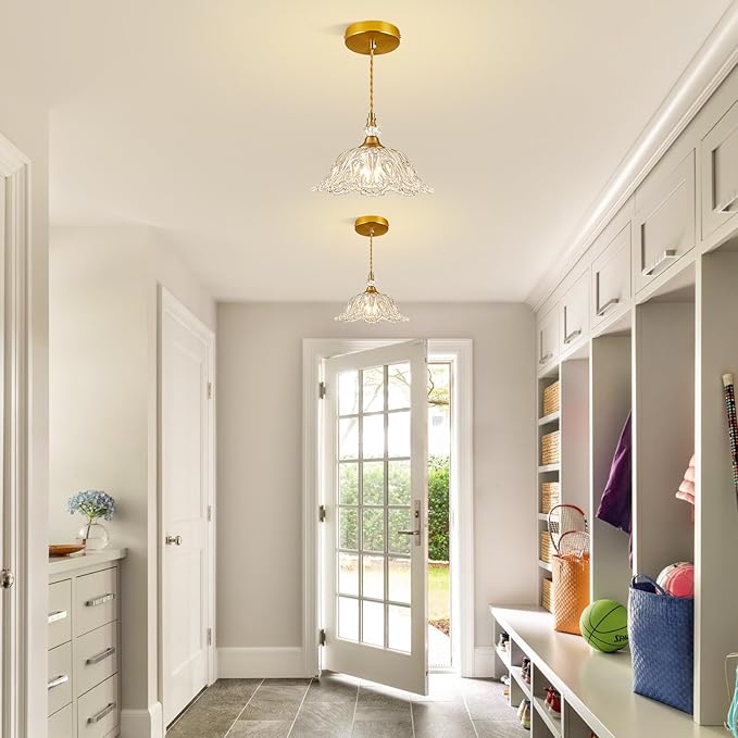 1 Piece Vintage Chandelier Light Fixtures with Crystal Glass Shade,Matte Brass Finish Pendant Light for Kitchen Island, Hanging Light Fixture for Dining Room, Hallway, Living Room, Bedroom