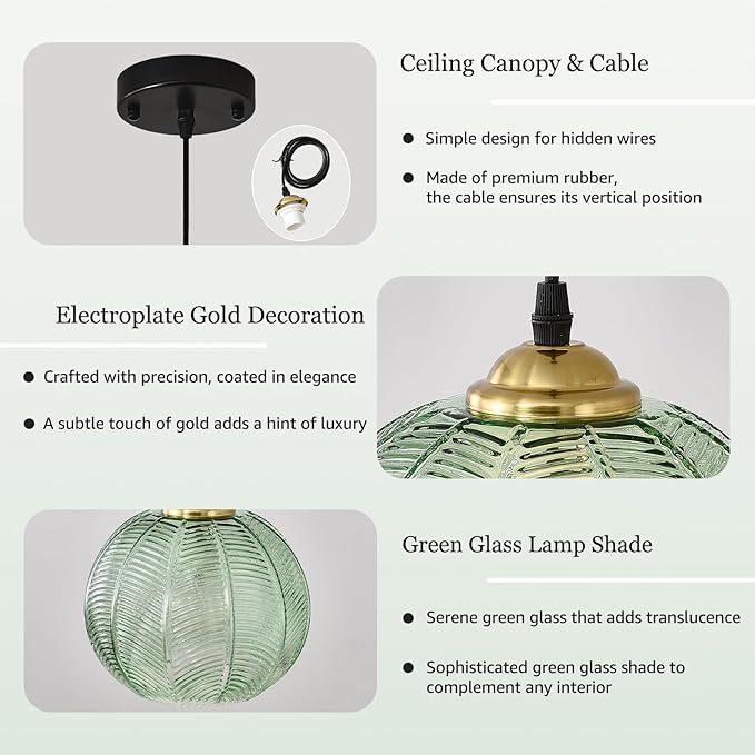 3-Light Glass Globe Pendant Light Kitchen Island, Mid-Century Modern Pendant Ball Chandelier with Green Ribbed, Vintage Hanging Ceiling Light Fixture for Dining Room, Over Sink, Table