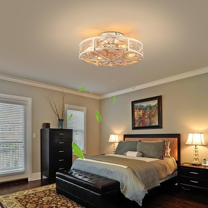 20" Caged Ceiling Fan with Light,Vintage Rustic Farmhouse Kitchen Decor,Bladeless Ceiling Fans with Lights and Remote,Low Profile Fan for Bedroom,Reversible 6 Speeds Motor,4 E26 Bulbs Included
