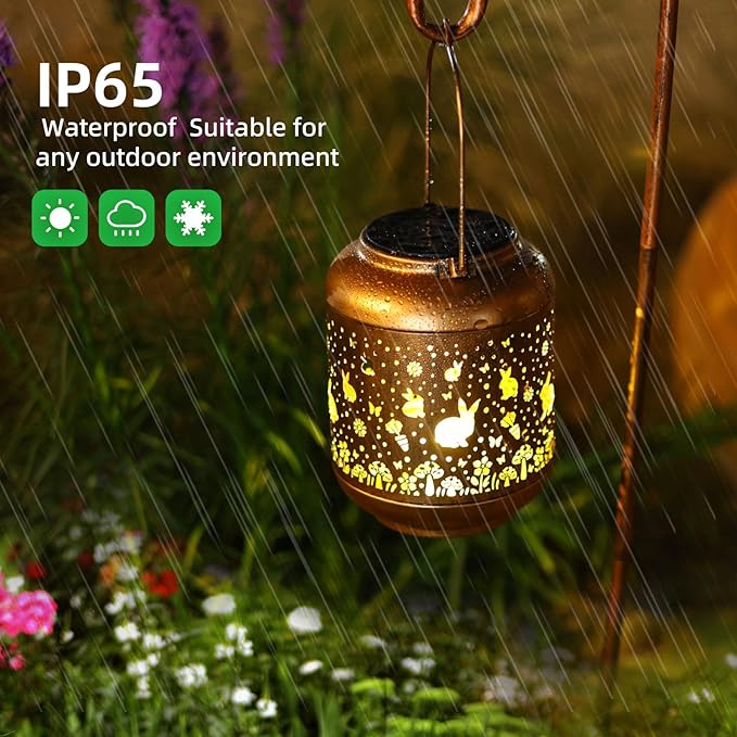 Rabbit Solar Lanterns Outdoor Waterproof,Garden Decor Solar Lights Bunny Gifts for Women Mom Grandma,Metal Outside Decoration Hanging Lantern for Yard,Porch,Patio,Landscape,Backyard,Lawn