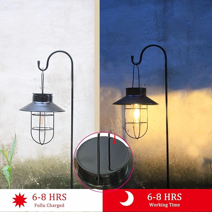 Solar Lanterns Outdoor Waterproof,4pack Hanging Solar Lights Lantern Lamp with Shepherd Hook, Metal Waterproof Edison Bulb Lights for Garden Outdoor Pathway