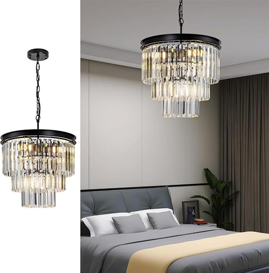 Black Crystal Chandelier 15.7" 6-Light K9 Crystal Pendant Lights Modern 3-Tier Luxury Crystal Hanging Ceiling Dining Room Light Fixture for Hallway Living Room Bedroom Kitchen Island Entryway