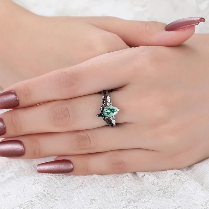 Black Gold Plated Natural Moss Agate Bridal Wedding Ring Sets for Women, 925 Sterling Silver Gothic Vintage Promise Rings and Eternity Black Spinel Band for Her - Boho Art Deco Platinum Plated Engagement Rings Size 4-9