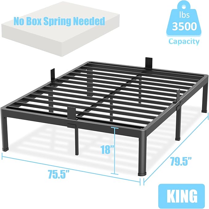 FUIOBYVV King Bed Frame with Round Corner Edge Legs 18 inch High 3500 lbs Heavy Duty Metal Platform Bed Frame King Size No Box Spring Needed/Noise Free/Steel Slat Support/Non-Slip Black