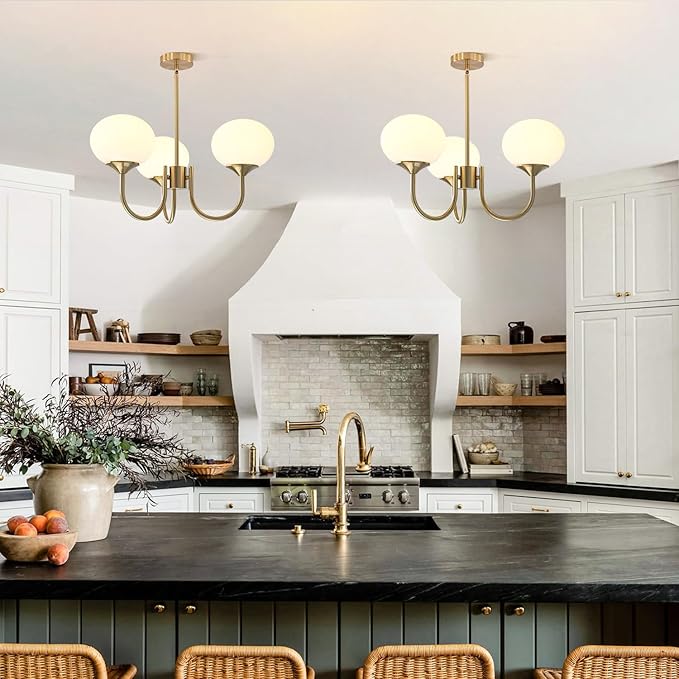 3 Light Gold Milk Glass Chandelier Gold Brass Globe Chandelier MCM Sputnik Ceiling Light Fixture Vintage Pendant Light for Dining Room Living Room Kitchen