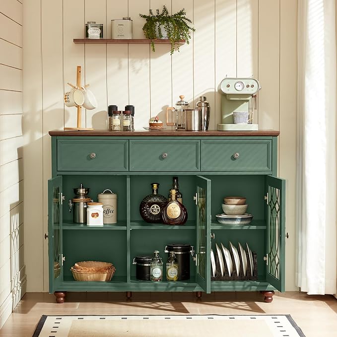 Farmhouse Sideboard Buffet Cabinet with Storage,48" Large Credenza with 3 Glass Doors & 3 Drawers,Adjustable Shelves Console Table,Wood Kitchen Coffee Bar for Dining Room,Living Room,Green