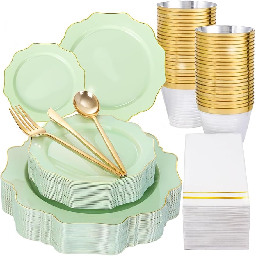 WDF 175Pcs Sage Green Plastic Plates With Gold Rim - Disposable Sage Green Plates 25guest Disposable Dinnerware Ideal for Party/Wedding/Spring Party