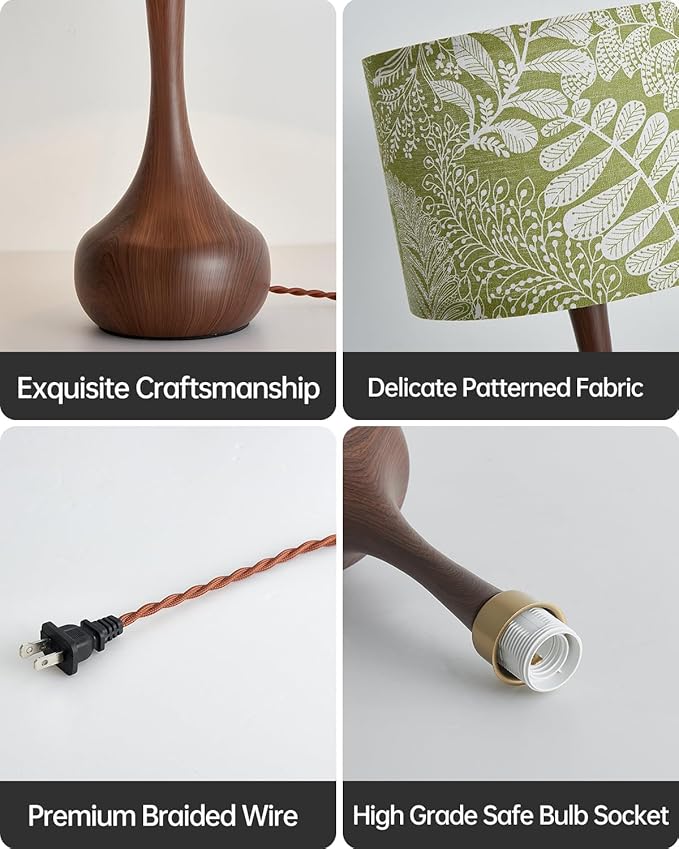 Bedside Nightstand Table Lamp Set of 2 for Bedroom, Vintage Boho Farmhouse Decorative Table Lamp for Living Room with Green Fabric Shade Red Wood Pattern, Desk Lamp for Home Office