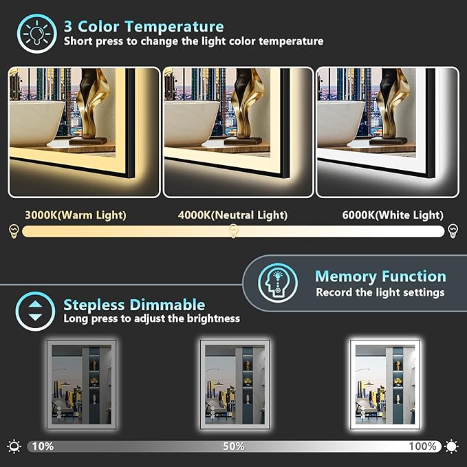 32x36 Black Framed LED Bathroom Mirror with Lights, Backlit & Front Lit, Anti-Fog Lighted Vanity Mirror for Bathroom Wall, 3 Colors, Dimmable, Memory, HD Tempered Glass, Horizontal/Vertical