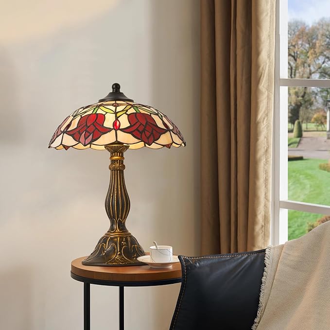 Tiffany Style Table Lamp, 12 inch Tiffany Style Stained Glass Table Lamp Bed Room Bedside Reading Desk Light for Living Retro Unique Cute Accent Decor Cottage Village Nightstand Lamps