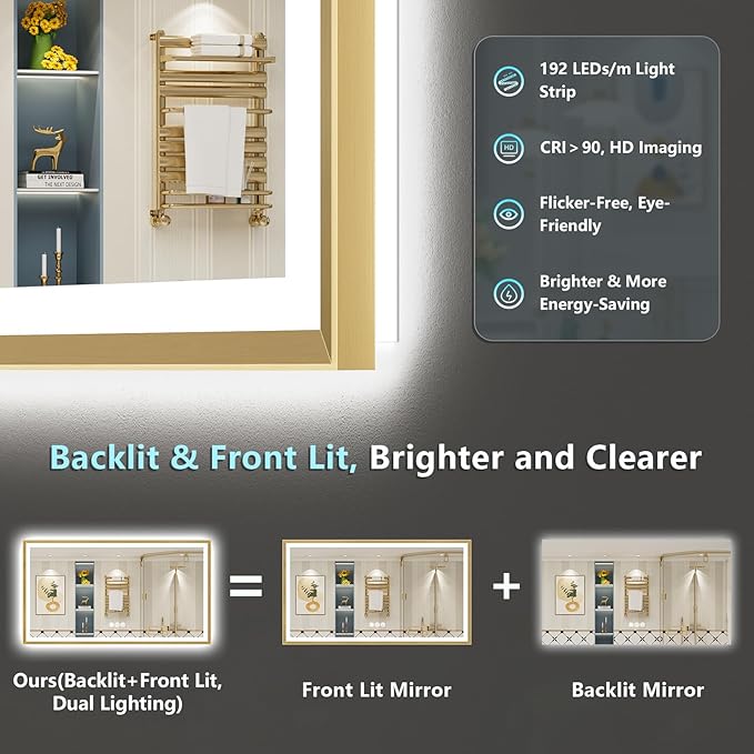 77x36 Gold Beveled Framed LED Bathroom Mirror with Lights, Backlit & Front Lit, Anti-Fog Metal Frame Lighted Vanity Mirror for Bathroom Wall, 3 Colors, Dimmable, Memory, HD Tempered Glass