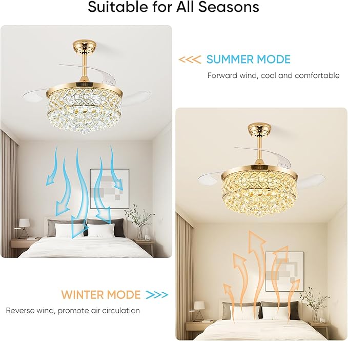 42" Gold Fandelier Ceiling Fan with Light, Crystal Chandelier with Fan Retractable Ceiling Fan with Lights and Remote LED Dimmable Chandelier Fans for Bedroom Living Room Dinning Room Kitchen