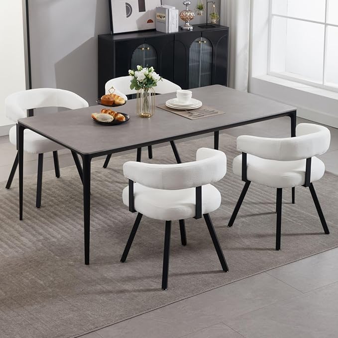 LukeAlon Chenille Dining Chairs Set of 2, Upholstered Armchairs Side Chair with Padded Open Barrel Back Modern Guest Chair with Armrests Black Metal Legs for Kitchen Dining Room, White