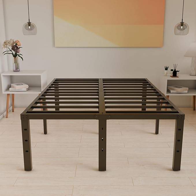 16 Inch Queen Size Bed Frame - No Box Spring Needed Heavy Duty Black Metal Platform Mattress Foundation, Non-Slip Noise Free Easy Assembly Steel Slats Bedframes with Cleance Storage