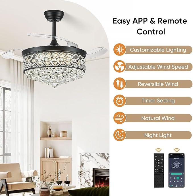 Crystal Fandelier Ceiling Fan with Light, 42" Retractable Ceiling Fans Chandelier Fan with Retractable Blades LED Dimmable Crystal Ceiling Fan Chandelier Fans for Bedroom Living Room etc-Black