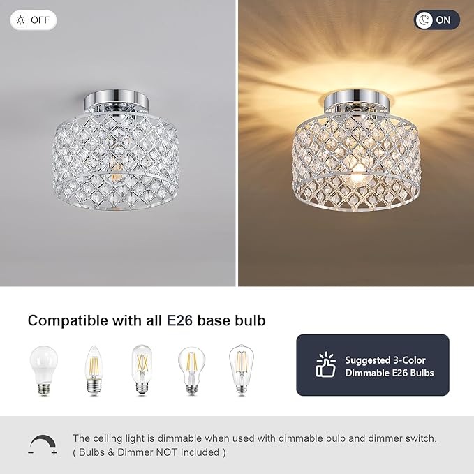 Chrome Crystal Ceiling Light Fixture,Modern Semi Flush Mount Ceiling Lighting Fixture,Round Small Chandelier for Hallway, Entryway, Laundry Room, Kitchen, Bedroom, Foyer, Bathroom, 1 Light, 9 inch