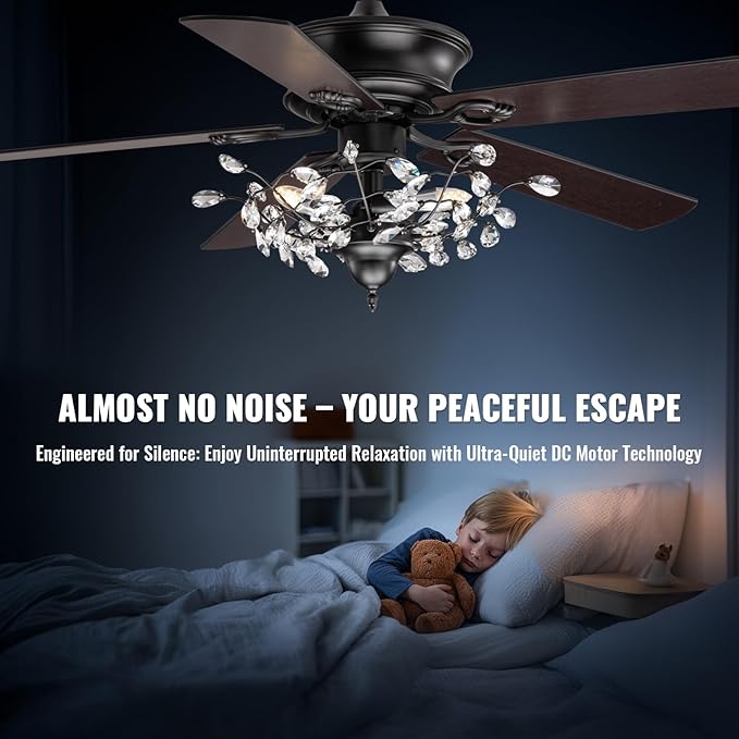 50" Reversible Crystal Ceiling Fan with Lights, Black Vintage Chandelier Fan with Remote Control, 6-Speed Adjustable & Quiet Motor – Fandelier for Bedroom, Living Room, Dining Room