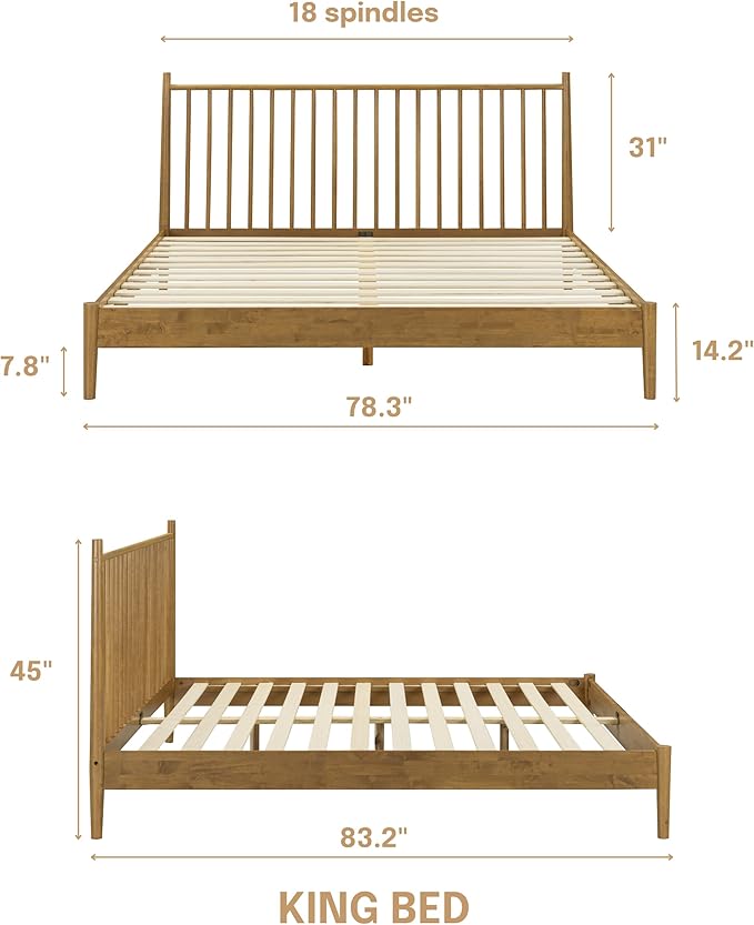 NTC Inno Wooden Bed Frame with Headboard, Solid Oak and Rubber Wood Foundation with Silent Slats and Wood Central Supports, 1000 Lb Capacity, Effortless Assembly, King - Teak Look