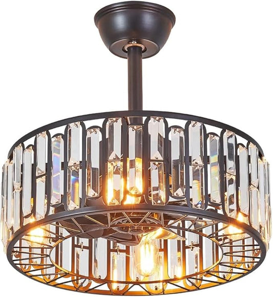18" Modern Industrial Black Ceiling Fan with Remote,Crystal Caged Ceiling Fan Light with 6-Speed Motor Fandelier Chandelier Fan with Light for Bedroom, Living Room, Dining Room, Reversible