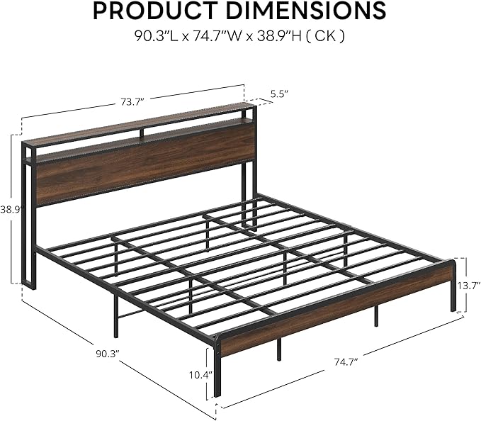 LIKIMIO California King Bed Frame with Headboard, Dark Wood Camas California King with Strong Supports, Sturdy, Noise-Free, No Box Spring Needed, Dark Walnut