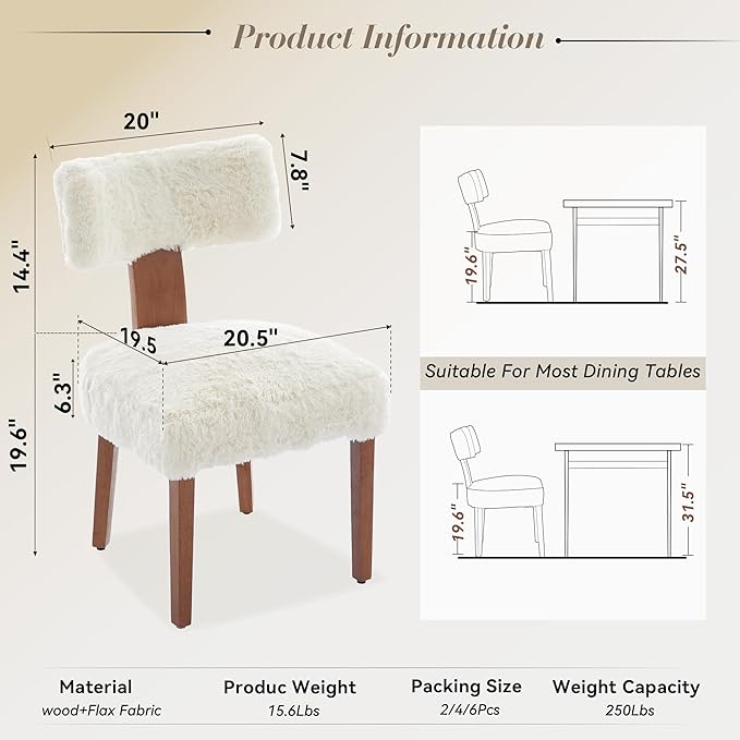 FOXHUNTER Upholstered Dining Chairs Set of 4, Modern Wooden Armless Kitchen Chairs with Curved Backrest, Mid-Century Farmhouse Dining Side Chairs, Fur Beige
