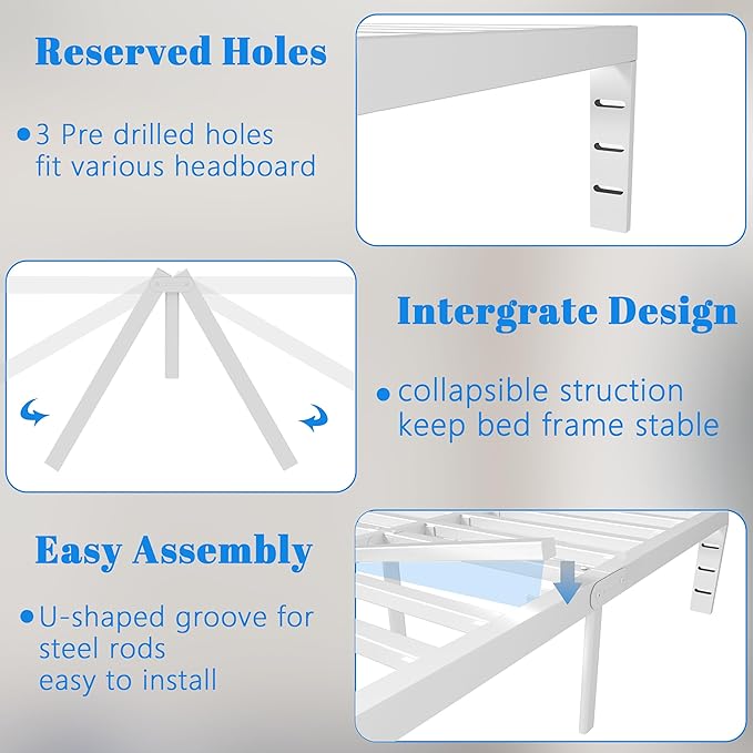 14 Inch King Size Bed Frame, White King Bed Frame with Metal Baffles, No Box Spring Needed, Heavy Duty Steel Platform Support, Round Corner Legs, Reserved Holes, Noiseless, Storage Space