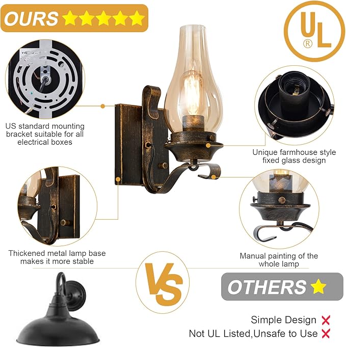 Yisuro Plug in Wall Sconce,Oil Rubbed Bronze Wall Sconces,Retro Rustic Wall Lamps,Sconces Wall Lighting with Amber Glass,Indoor Vintage Bedside Wall Lighting for Living Room Bathroom