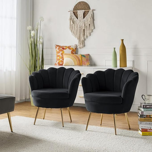 HULALA HOME Modern Velvet Accent Chairs Set of 2 with Shell Shaped Back, Cute Living Room Bedroom Armchairs with Gold Legs, Comfy Upholstered Vanity Chairs for Makeup Room, Black