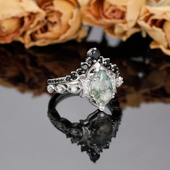 Black Gold Plated Natural Moss Agate Bridal Wedding Ring Sets for Women, 925 Sterling Silver Gothic Vintage Promise Rings and Eternity Black Spinel Band for Her - Boho Art Deco Platinum Plated Engagement Rings Size 4-9