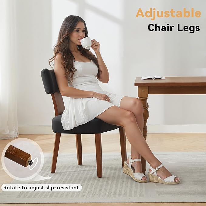 FOXHUNTER Upholstered Dining Chairs Set of 4, Modern Wooden Armless Kitchen Chairs with Curved Backrest, Mid-Century Farmhouse Dining Side Chairs, Linen Black