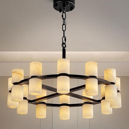 Alabaster Round Chandelier, Natural Spanish Stone Texture Chandeliers, D23.6in Round Chandeliers for Dining Room Small Chandelier Light Fixture for Kitchen Living Room Foyer Entryway Hallway (Black)