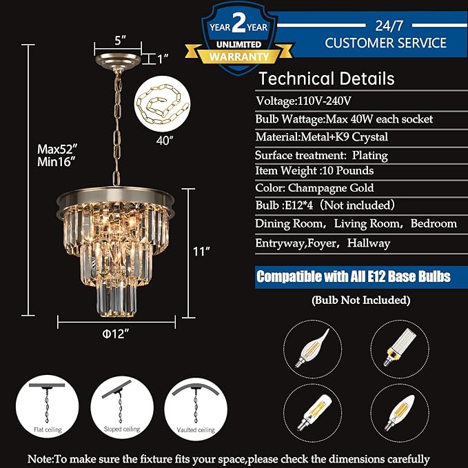 Crystal Chandeliers for Dining Room Light Fixtures Over Table，4-Lights Modern Champagne Gold Crystal Pendant Lighting Fixture，Small Chandeliers for Kitchen Island Bedroom Entryway D12 Inch