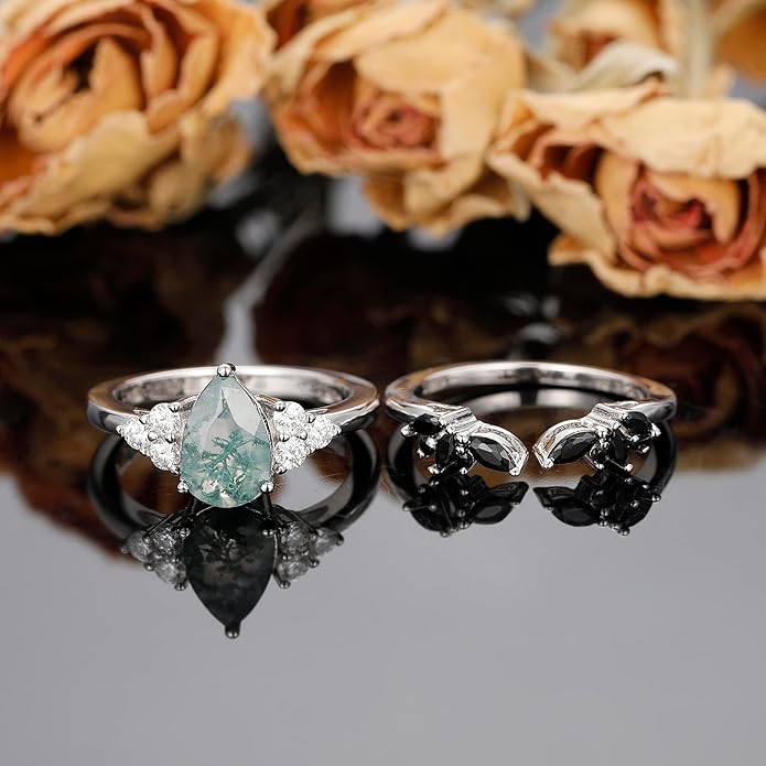 Black Gold Plated Natural Moss Agate Bridal Wedding Ring Sets for Women, 925 Sterling Silver Gothic Vintage Promise Rings and Eternity Black Spinel Band for Her - Boho Art Deco Platinum Plated Engagement Rings Size 4-9