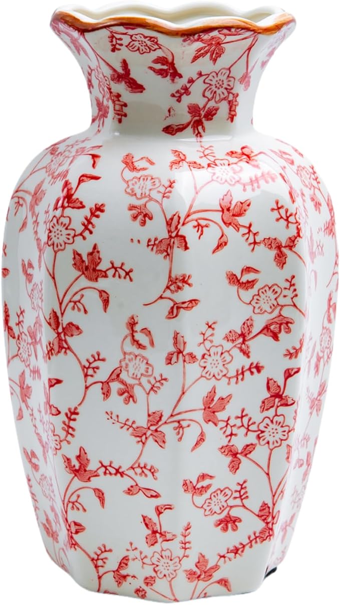Chinoiserie Flower vase, red Floral Vine Design Ceramic vase with Wavy Gold Rim, Console Table Decor, Statement Piece, Interior Design (Large, Hongmanzhi)