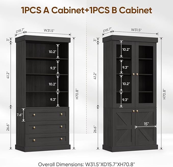 Vyre 71" Tall Farmhouse Bookshelves with Glass Doors and Drawers, Large Modular Bookcase with Adjustable Shelves, Wooden Storage Cabinet for Living Room, Kitchen, Black, Set of 4