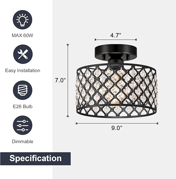 Black Crystal Ceiling Light Fixture,Modern Semi Flush Mount Ceiling Lighting Fixture,Round Small Chandelier for Hallway, Entryway, Laundry Room, Kitchen, Bedroom, Foyer, Bathroom, 1 Light, 9 inch