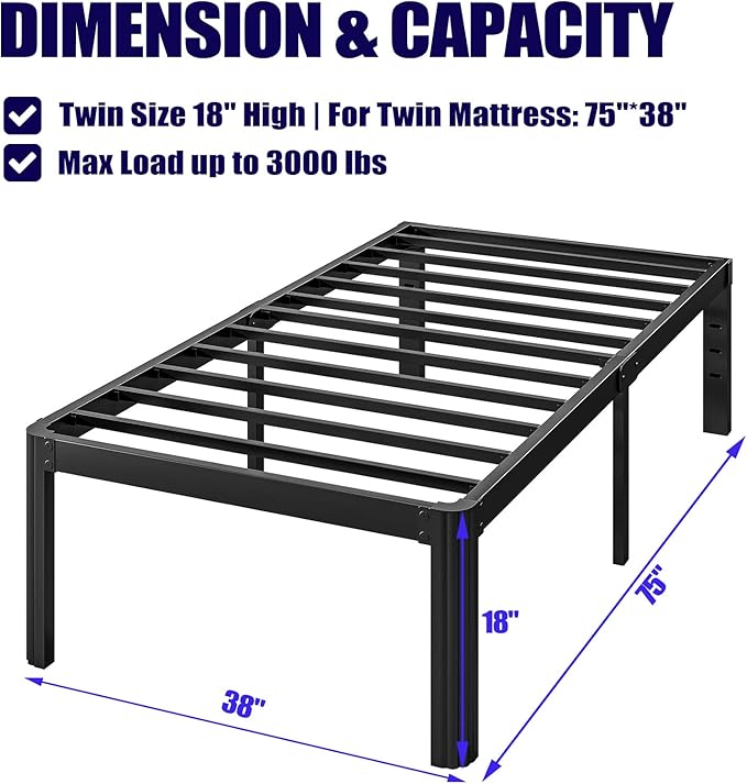 Hunlostten 18in Heavy Duty Twin Bed Frame No Box Spring Needed, Metal Platform Bed Frame Twin with Round Corners, Easy Assembly, Noise Free, Black