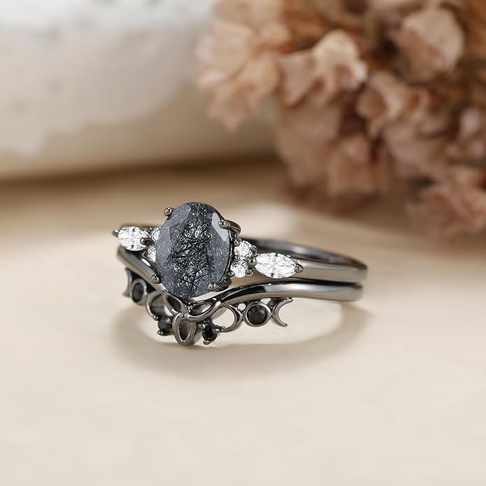 Oval Natural Black Rutilated Quartz Celtic Knot Bridal Wedding Ring Sets with Black Gold or Platinum Plated 925 Sterling Silver, Irish Gothic Engagement Rings and Spinel Trinity Annversary Band Size 4-9