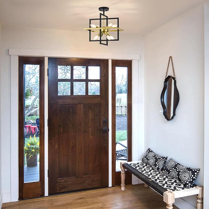 Small Black Gold Chandelier, Modern 8-Light Geometric Pendant Light Fixture, Industrial Square Hanging Chandelier for Dining Room, Kitchen Island, Foyer, Hallway