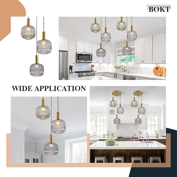 BOKT 3-Light Cluster Pendant Lights Modern Smokey Gray Glass Globe Pendant Light Adjustable Open Glass Kitchen Island Pendant Chandelier Vintage Multi Light Pendant Lighting Cluster