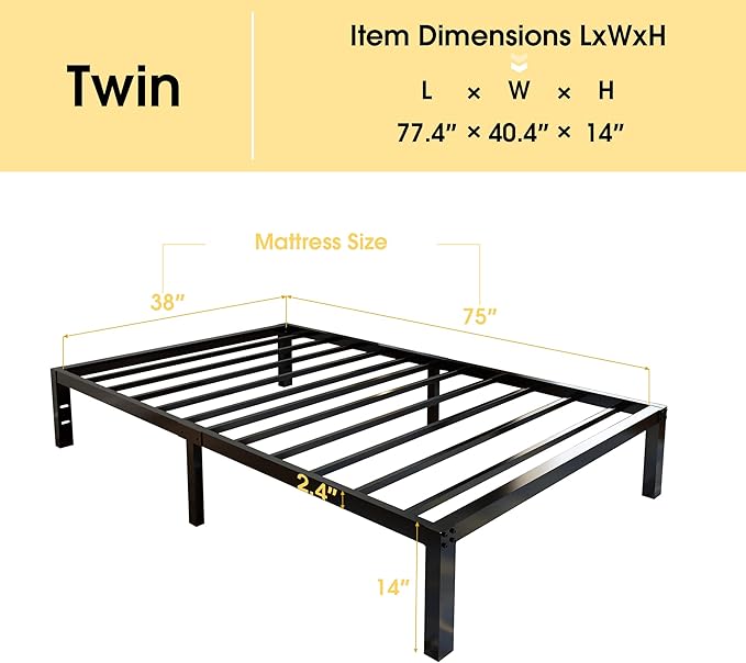 45MinST 3600lbs Heavy Duty Bed Frame,14 Inch Sturdy Steel Slat Mattress Foundation, Metal Reinforced Platform Box Spring Replacement, Easy Assembly with Quick Lock, Twin