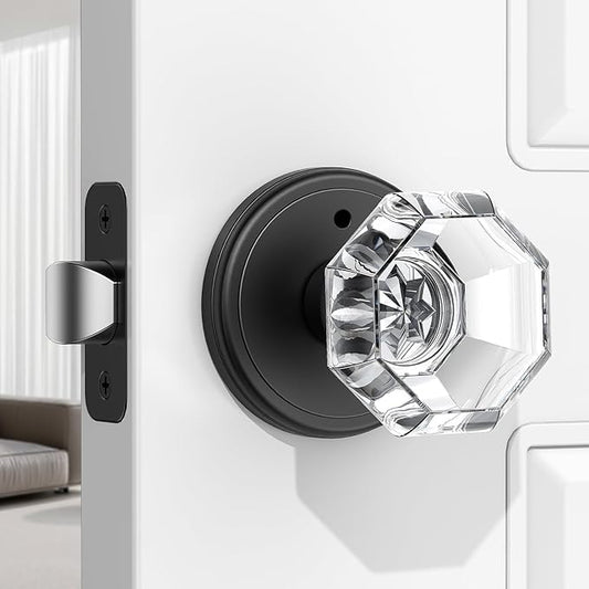 1 Pack Crystal Door Knob, Octagon Shaped Glass Door Knobs Interior with Lock, Matte Black Door Knobs Interior Glass