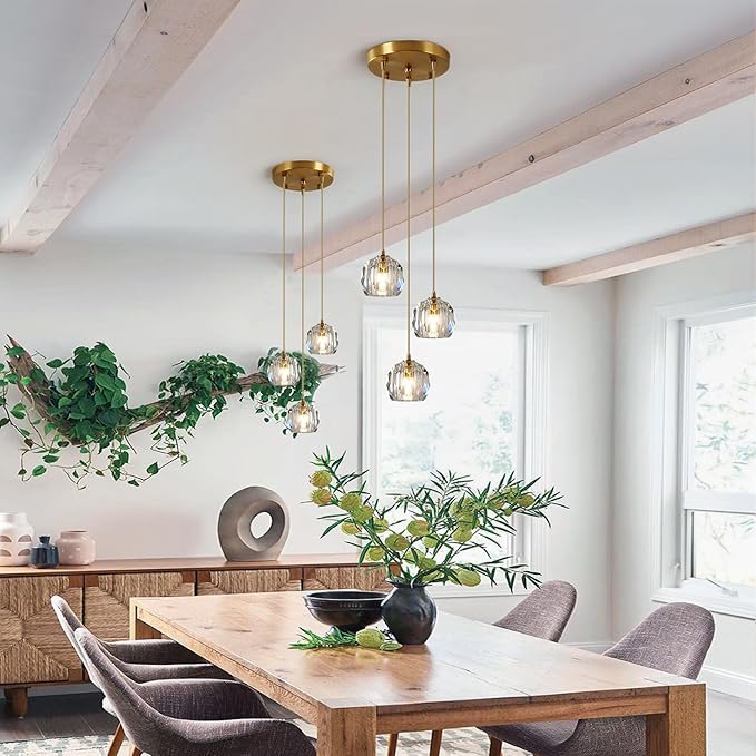 3-Light Cluster Pendant Lighting Crystal Chandelier Gold Hanging Pendant Light Fixture Mid Century Modern Multi Light Pendant Lighting for Dining Room Kitchen Island Bedroom