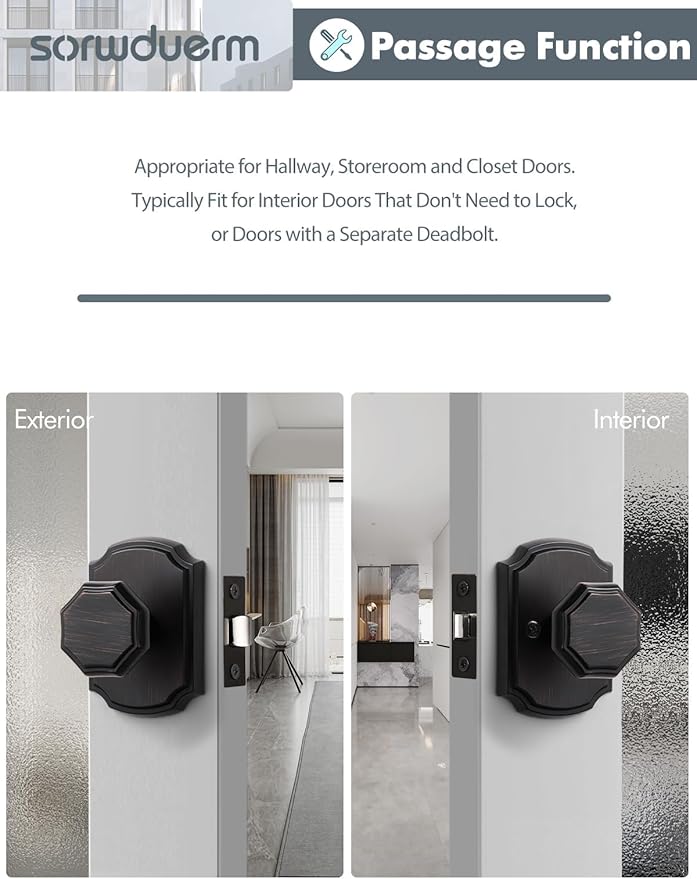 1 Pack Oil Rubbed Bronze Knobs Passage Door Knobs Interior Door Knob for Hall and Closet,Zinc Alloy