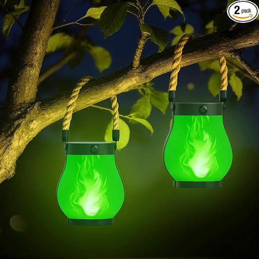 Hompavo Gen2 Solar Lanterns Outdoor Waterproof with Realistic Flickering Flame, Dual Charging (USB/Solar) & 2 Modes - Decorative Hanging/Table Lights for Patio Garden Porch Halloween Decor, 2/Green
