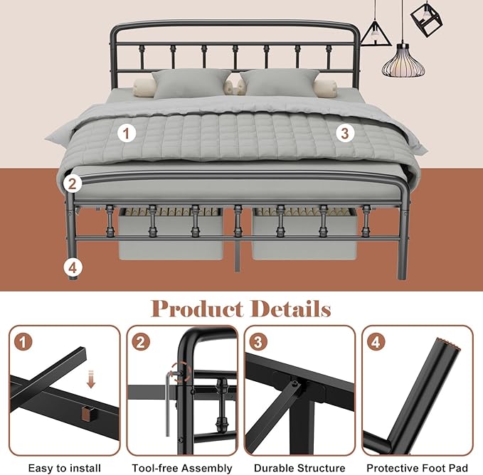 Queen Platform Bed Frame with Headboard, No Squeak & 1500lbs Heavy Duty Support | Queen Bed Frame No Box Spring Needed| Tool-Free 20-Min Assembly, No Box Spring Needed, Underbed Storage